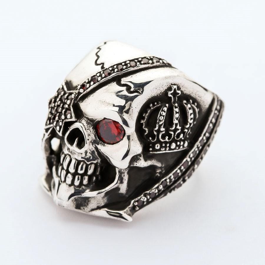 Sterling Silver Red Garnet Eye Crown Pirate Skull Ring for Men - Gothic Jewelry, Punk Accessory, Halloween Costume, Cosplay, Steampunk Fashion