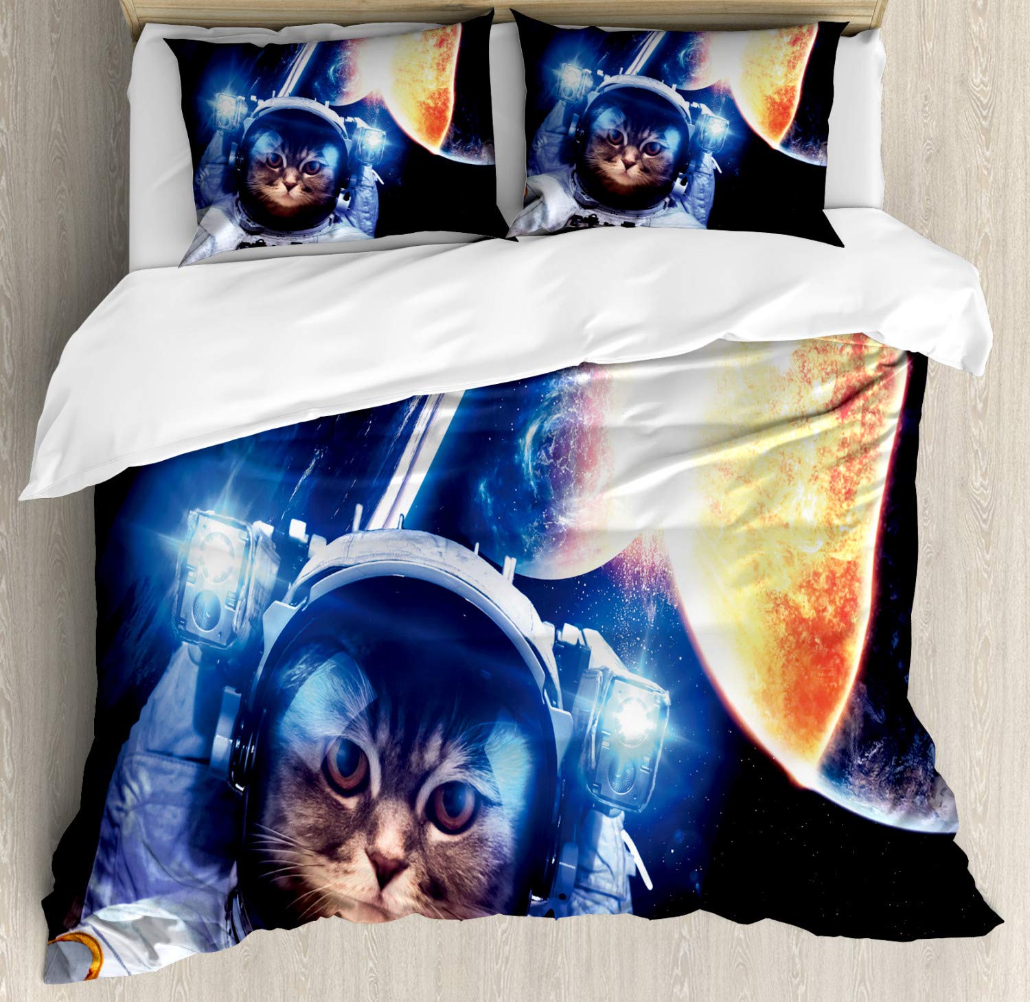Ambesonne Space Cat Duvet Cover Set - Queen Size 2-Piece Bedding with 4 Pillowcases | Kitten in Suit & Cosmic Galaxy Design (Dark Blue & Orange) | Perfect for Astronomy Lovers' Bedroom Decor & Gift Ideas