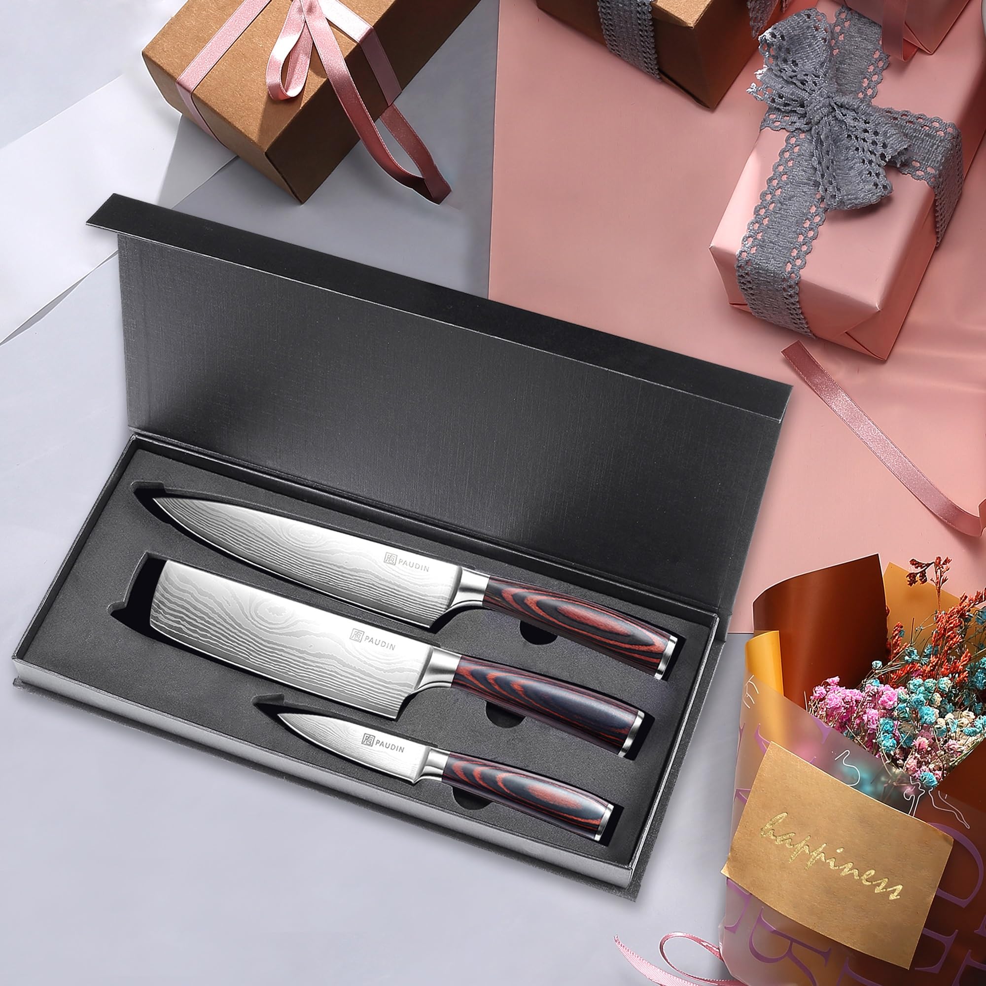 PAUDIN 3-Piece Professional Chef Knife Set - High Carbon Stainless Steel Kitchen Knives with Ultra Sharp Blades & Ergonomic Wooden Handle - Perfect for Home Cooking, Restaurant Use & Culinary Gifts