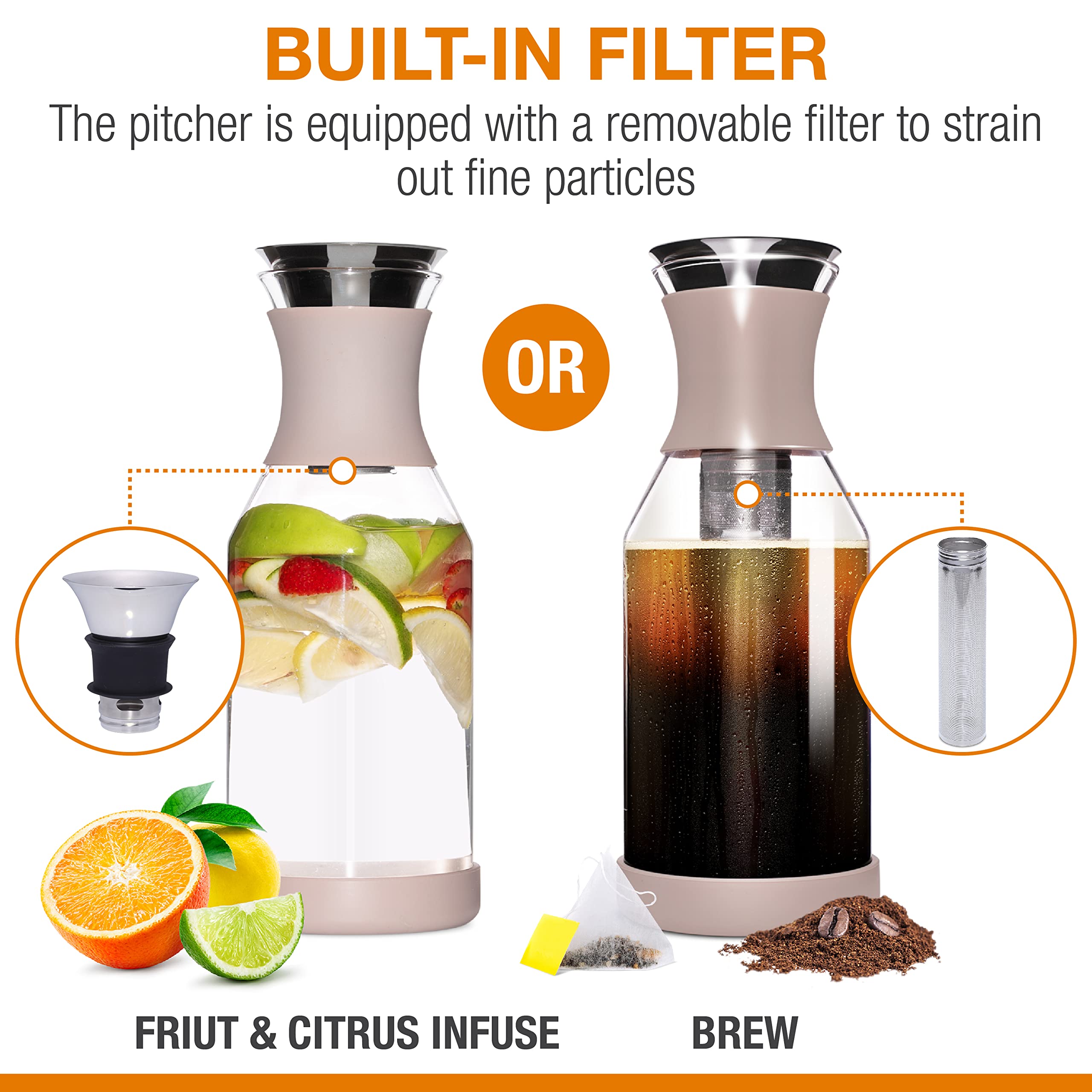 Premium Cold Brew Coffee Maker with Glass Pitcher & Lid - 1.7L Iced Coffee & Tea Infuser with Removable Filter - Perfect for Home, Office & Outdoor Use - Beige