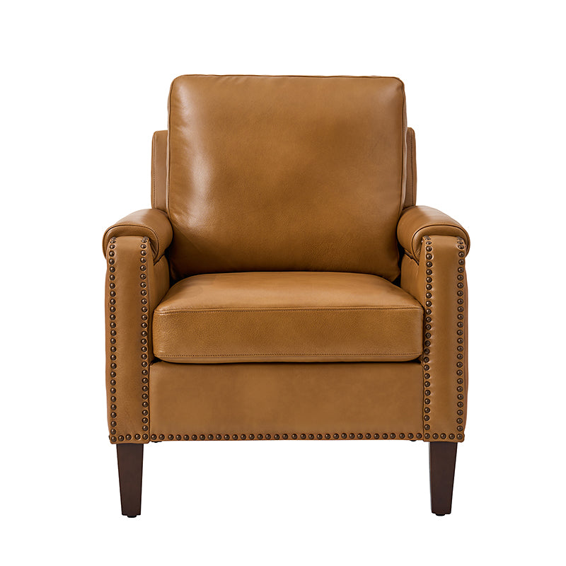 Nathaniel Transitional Style Genuine Leather Armchair - Premium Brown Leather Lounge Chair for Living Room, Office & Study - Comfortable Reading Chair with Padded Seat & Wooden Legs