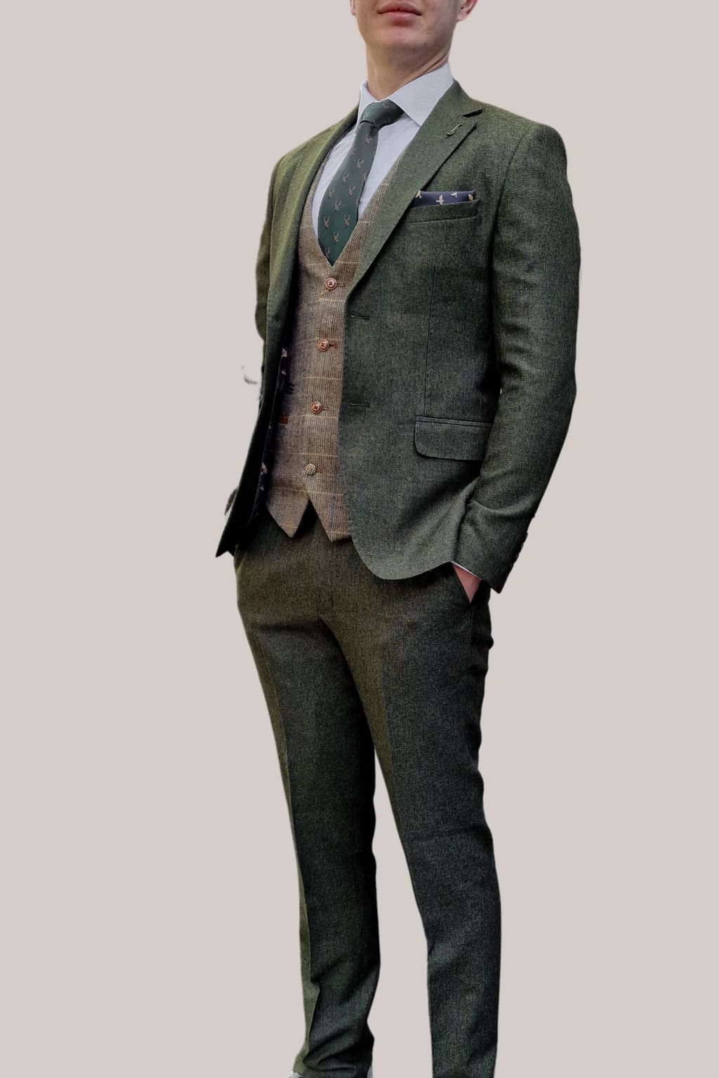Fratelli Robbie Men's Green Tweed Suit with Marc Darcy Tan Tweed Waistcoat | Classic 3-Piece Wedding Suit | Perfect for Formal Events, Business Meetings & Special Occasions