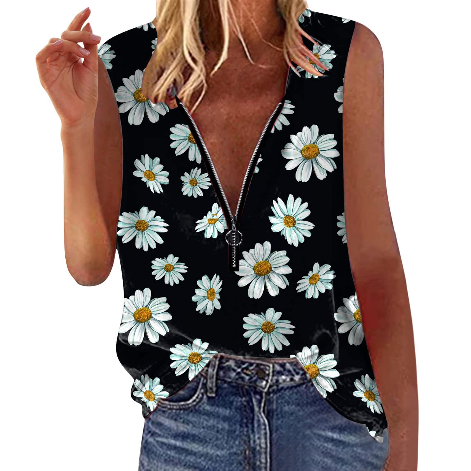 Women's Cute Summer Boho Tank Tops - Zip V Neck Sleeveless Loose Shirts for Plus Size | Perfect for Beach Outings, Music Festivals & Casual Summer Wear