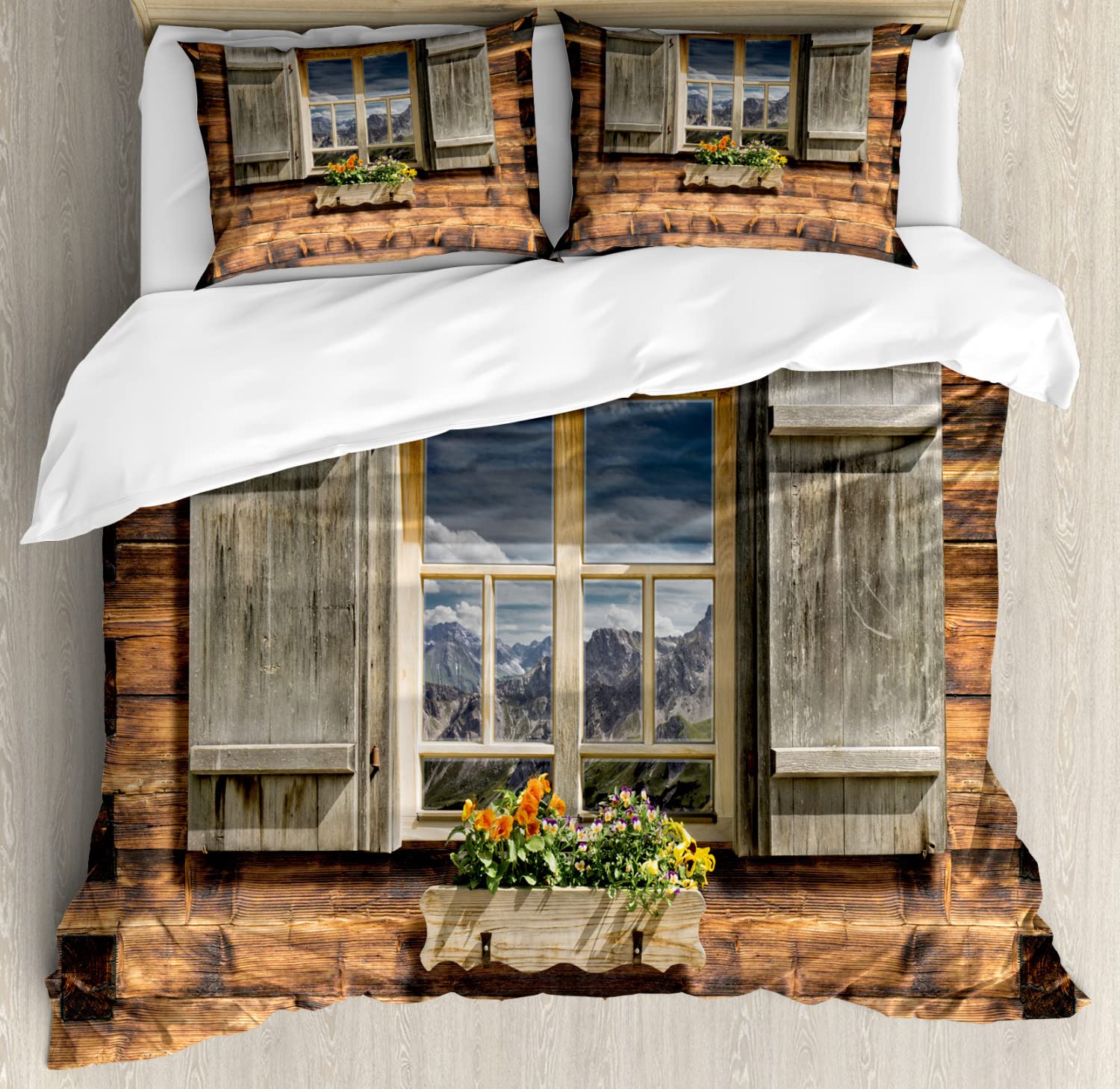 Ambesonne Shutters Duvet Cover Set - King Size 2-Pack with 2 Duvet Covers & 4 Pillowcases, Weathered Mountain Hut Design with Summer Reflections, Brown & Green Bedding for Cozy Cabin or Rustic Home Decor