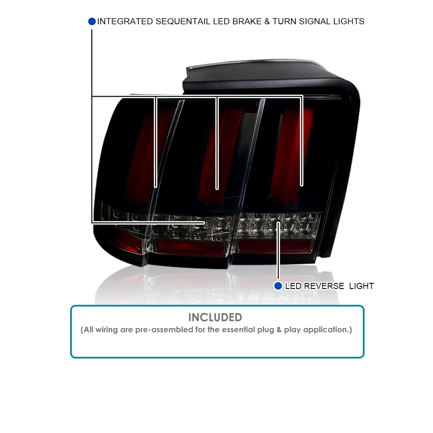 Spec-D Tuning Glossy Black Smoke Sequential LED Tail Lights for 1999-2004 Ford Mustang - Left & Right Pair Assembly - Upgrade Your Ride with Enhanced Style & Visibility for Night Driving & Car Shows