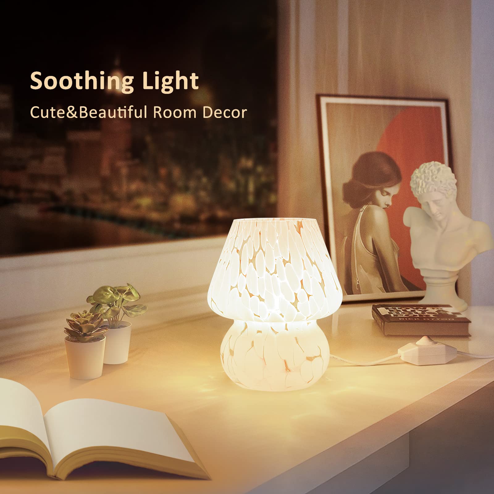 ONEWISH Mushroom Lamp - Small Dimmable Nightstand Light for Bedroom, Living Room & Kitchen | Translucent Glass Table Lamp with Murano Aesthetic | Perfect Birthday Gift & Home Decor (White) | Creates Cozy Ambiance for Reading & Relaxation