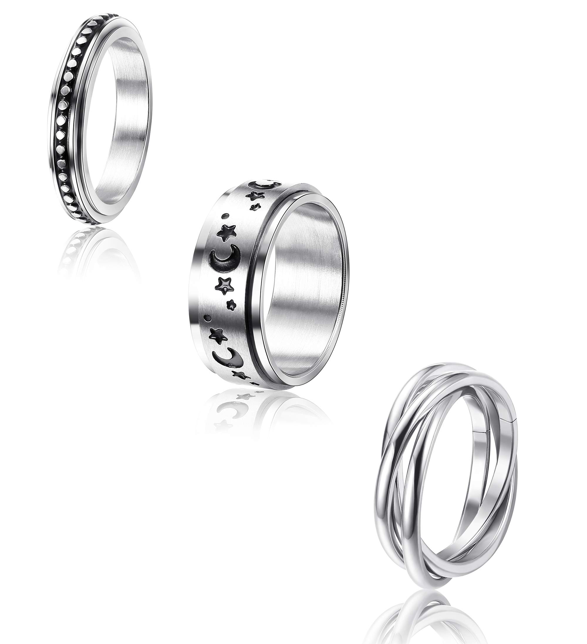 CASSIECA Stainless Steel Fidget Rings for Women & Men - Spinner Rings with Flower, Moon & Star Designs - Anxiety Relief & Stress Reliever - Wedding & Promise Rings Set (Size 5-11) - Perfect for ADHD, Anxiety Relief & Everyday Wear