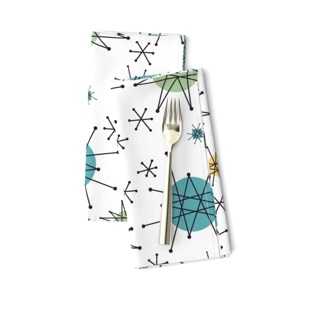 Retro Space Age Midcentury Mod Atomic Star Print Linen Cotton Canvas Dinner Napkins (Set of 2) - Vintage 1950s Style Kitchen & Dining Tableware for Parties, Picnics and Everyday Use
