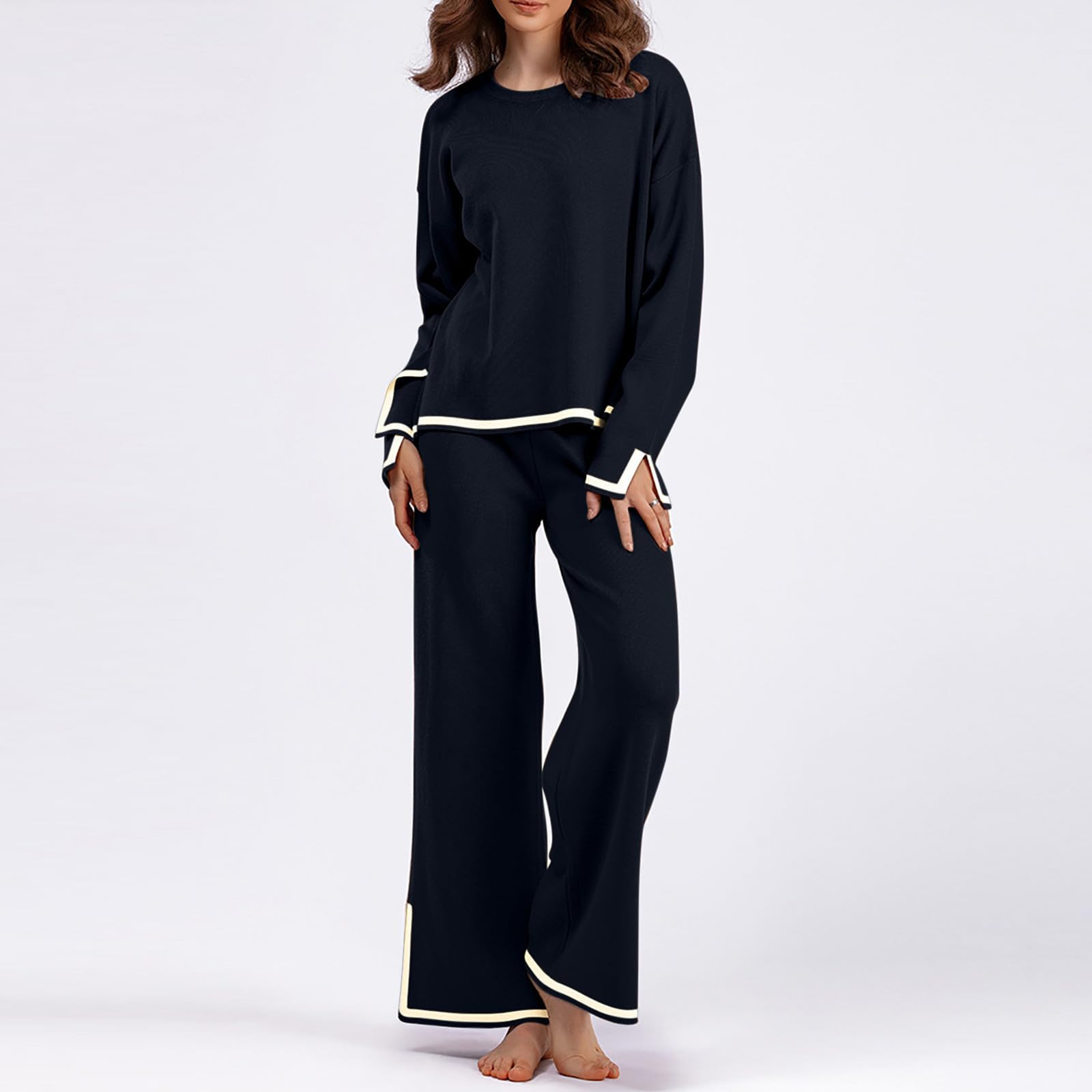 Women's Casual 2-Piece Lounge Set - Long Sleeve Pullover Top & Elastic Wide Leg Pants | Soft Solid Color Outfit for Home, Yoga & Relaxation | Comfortable Loungewear for Women
