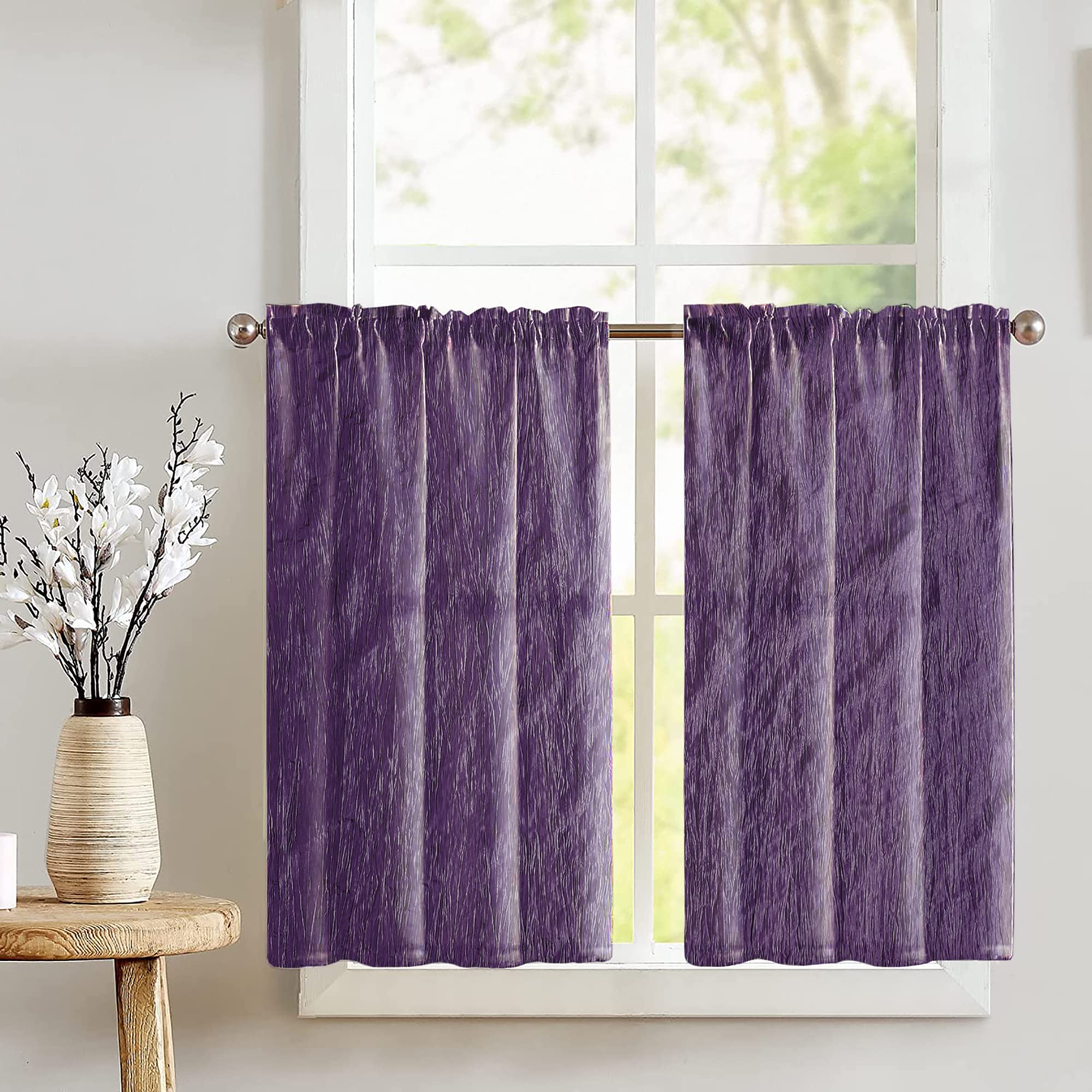 Crushed Crinkle Taffeta Tier Window Valance 2-Piece Set - Elegant Home Decor for Bedroom, Nursery & Kitchen Windows (Plum) | Perfect for Adding Style to Any Room