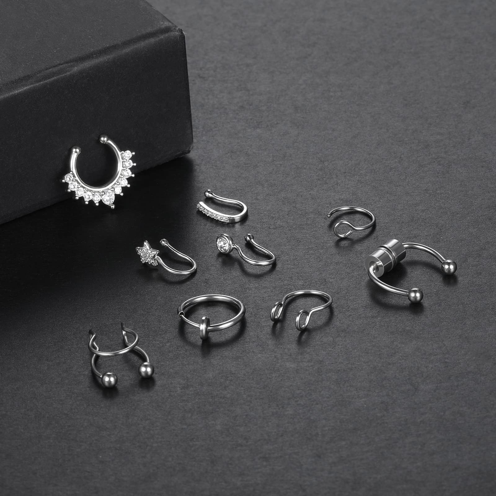 Faux Nose Septum Rings - Stainless Steel Fake Nose Piercing Jewelry for Women & Men - Non-Piercing Hoop Studs - Perfect for Costume Parties, Halloween & Alternative Fashion