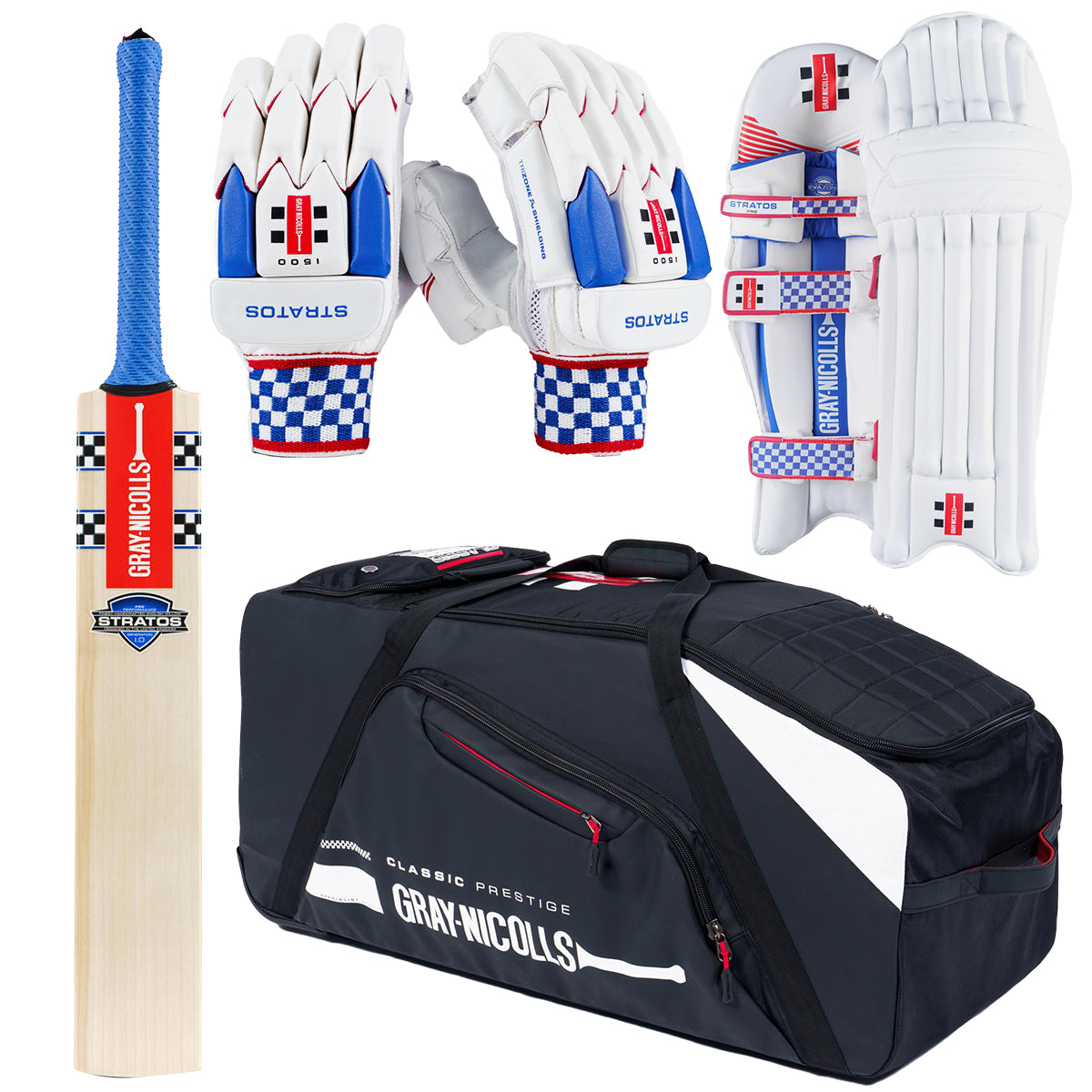 Gray Nicolls Stratos Gen 1.0 Pro Performance Cricket Bat Set with Gloves, Pads & Carry Bag - Complete Cricket Gear for Professional Players & Training Sessions