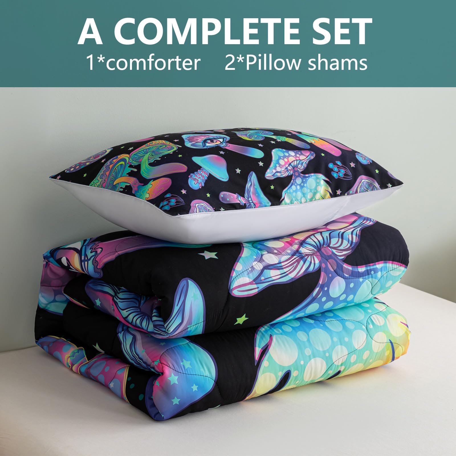 Cute Kids Mushroom Bedding Set - 3PC Mushroom Queen Comforter Set with 1 Comforter & 2 Pillowcases | Cartoon Weirdcore Decor | Soft & Cozy Nursery Bedding for Girls' Room, Toddler Bed, Sleepover Fun