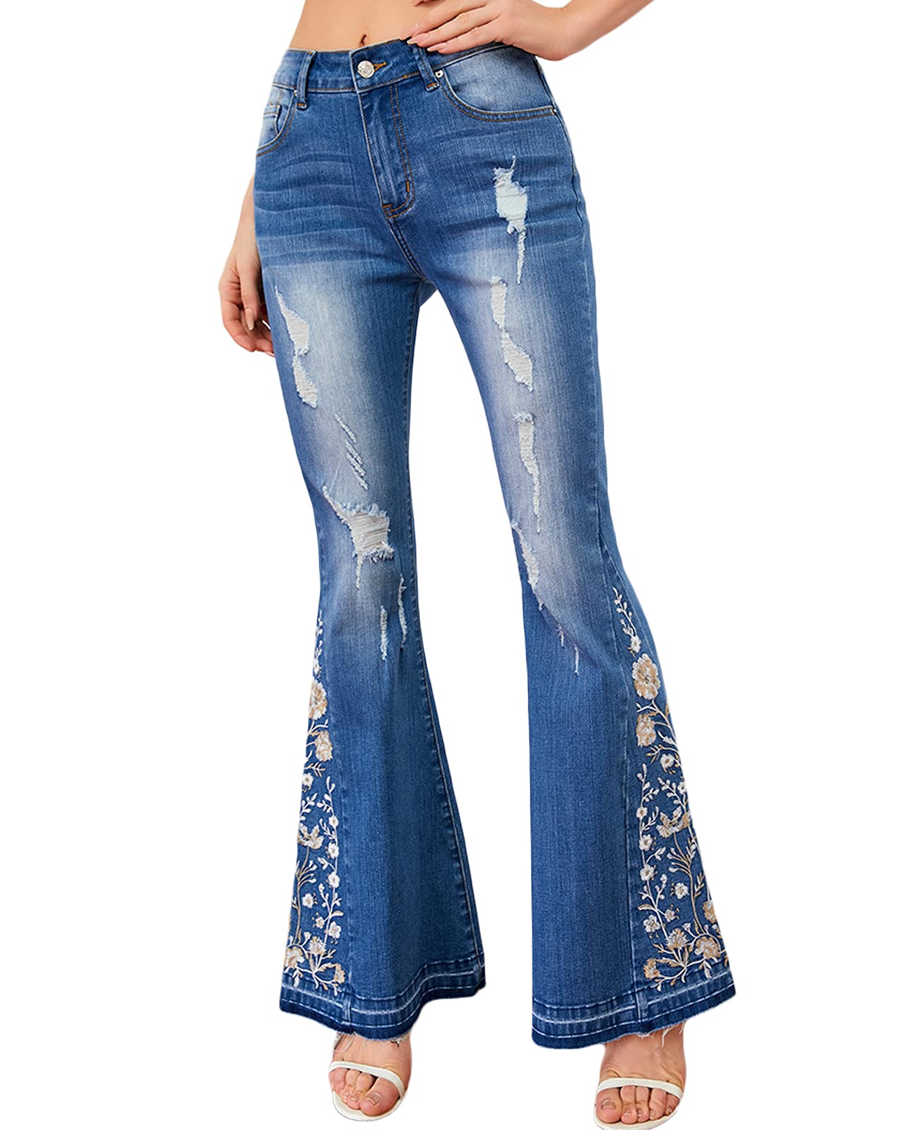 Women's Classic Ripped Flare Jeans - Mid Rise Distressed Embroidered Stretch Bell Bottom Pants for Casual Outfits & Vintage Style