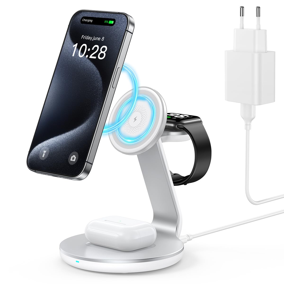 HERRBOL 3-in-1 Wireless Charging Station for Apple Devices - Magsafe Charger Stand Compatible with iPhone 16/15/14/13/12 Pro/Max/Plus/Mini & iWatch Ultra/8/7/SE/6/5/4/3/2 - Fast Charging Dock for Home, Office, Nightstand (Perfect for Travel & Multi-Device Charging)