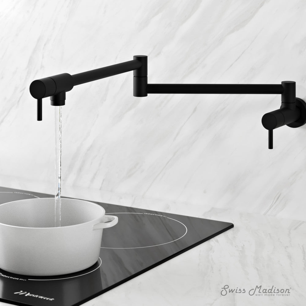 Matte Black Ivy Retractable Wall Mounted Pot Filler - Adjustable Swing Arm Faucet for Kitchen Sink, Stove & Cooking Area - Perfect for Filling Large Pots & Pans While Cooking
