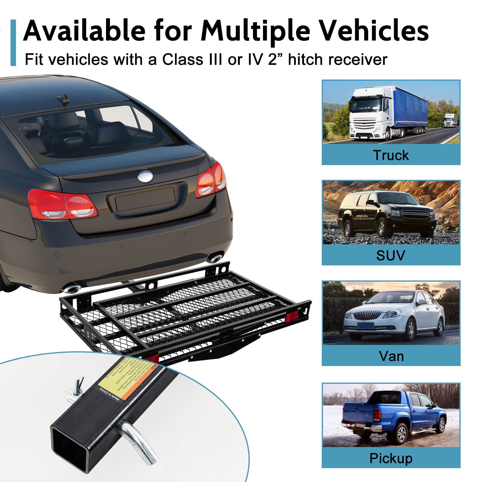 Heavy Duty Folding Hitch Mount Cargo Carrier - 500 lbs Capacity with Loading Ramp & Tie-Down Straps - Perfect for Wheelchairs, Mobility Scooters, Lawn Mowers & Outdoor Equipment - Ideal for Camping, Road Trips & Home Storage