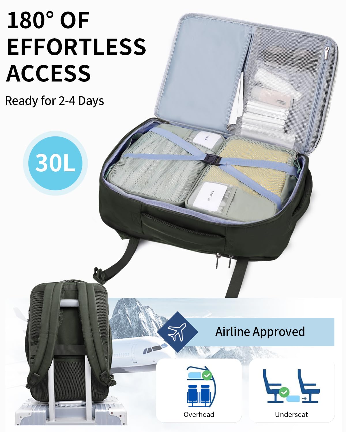 ECOHUB Expandable Carry On Travel Backpack - 17 Inch Water Resistant Laptop Backpack with 12 Pockets & Wet Pocket, 30L Flight Approved Personal Item Bag (18x14x8) for Business Travel, Commuting & College - Perfect for Airplanes, Work & Daily Use