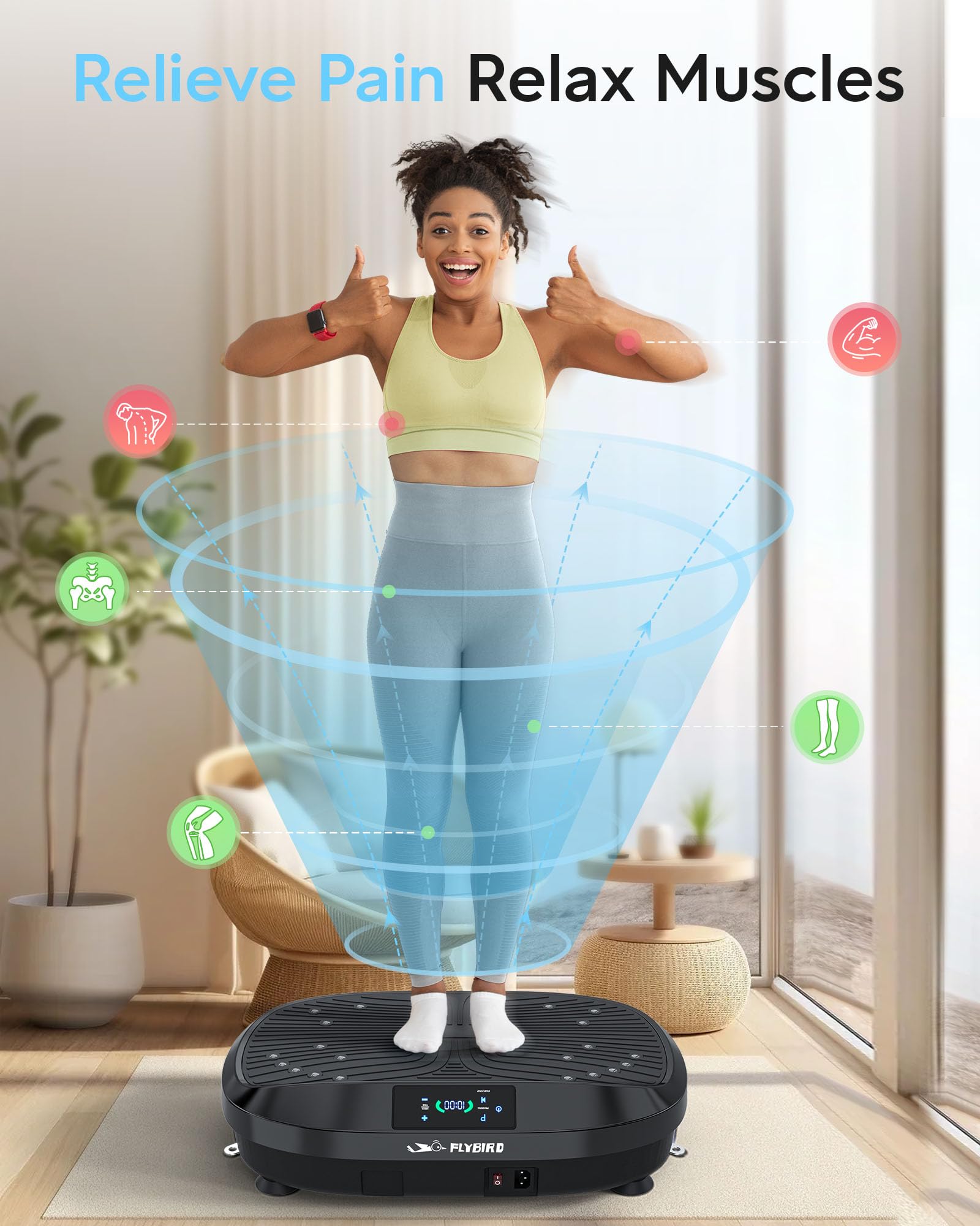 FLYBIRD Vibration Plate Exercise Machine for Weight Loss & Toning - Whole Body Workout Platform with 2 Resistance Bands, Lymphatic Drainage & Muscle Recovery - Perfect for Home Gym, Fitness & Wellness (Black)