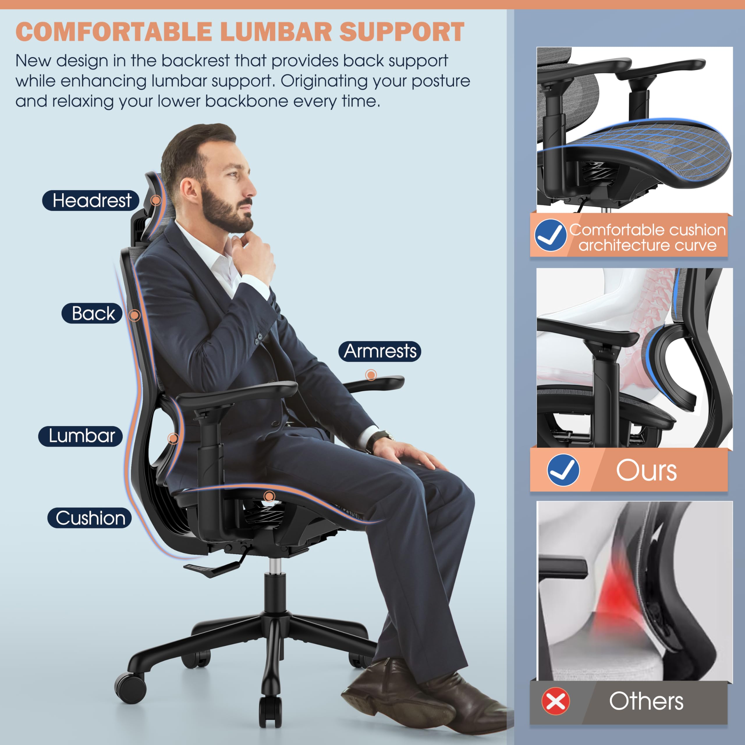 T11 Ergonomic Office Chair - High Back Desk Chair with Adjustable Lumbar Support, Magic Armrests & Wide Headrest - Comfortable Executive Mesh Chair for Home Office - Perfect for Long Work Hours & Gaming Sessions