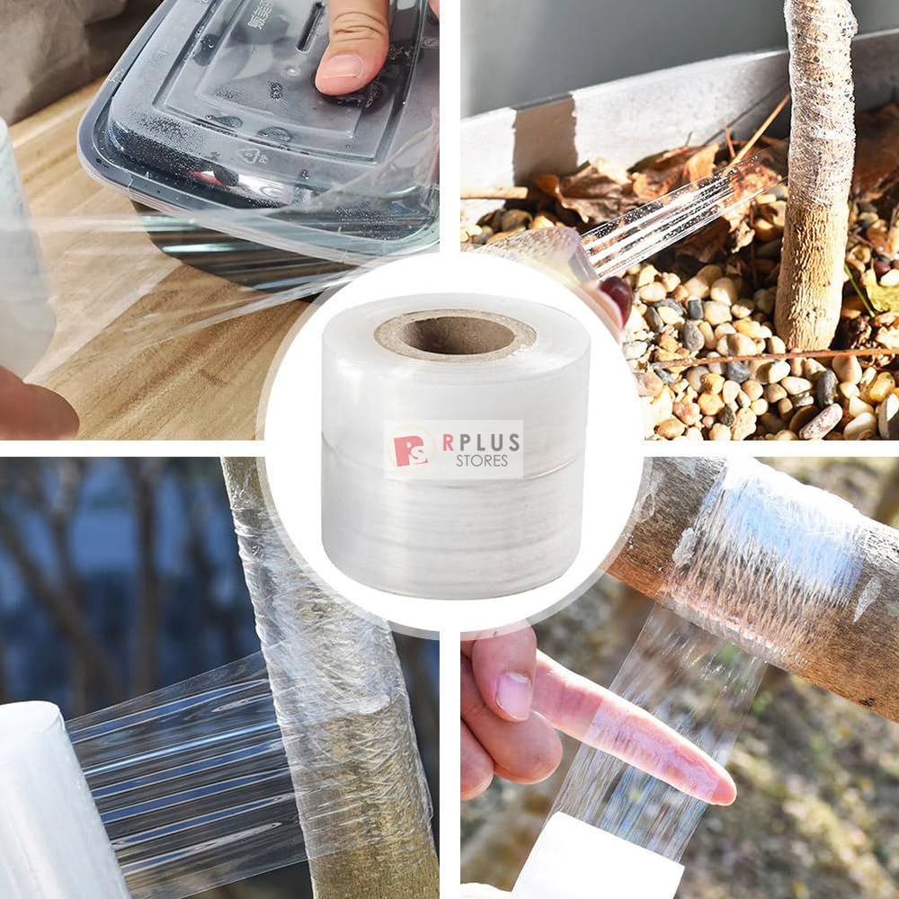 RPLUS STORES Compostable Packing Wrap Roll - 3 inch x 200 Meters (7.62 cm x 656 ft) Transparent Stretchable Tape for Shipping, Grafting, Plant Support & Nursery Use | Eco-Friendly Multipurpose Wrapping Solution for Home, Garden & Office