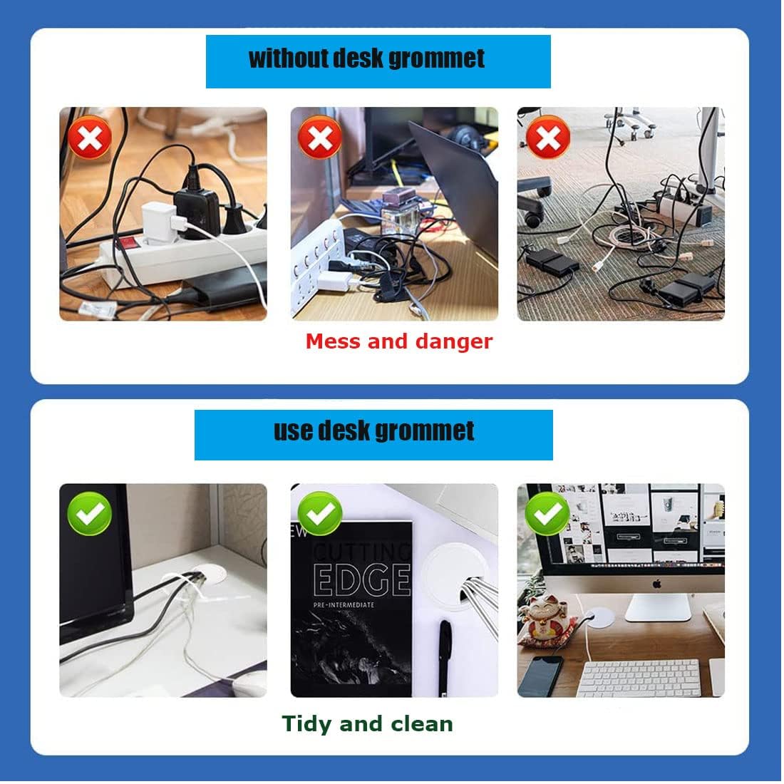 TuTuYa 8PCS 1-1/2 Inch (38mm) White Desk Cable Grommet Hole Covers with Hole Saw - Cable Management Solution for Office & Home Desks - Perfect for Computer, Monitor & TV Wire Organization