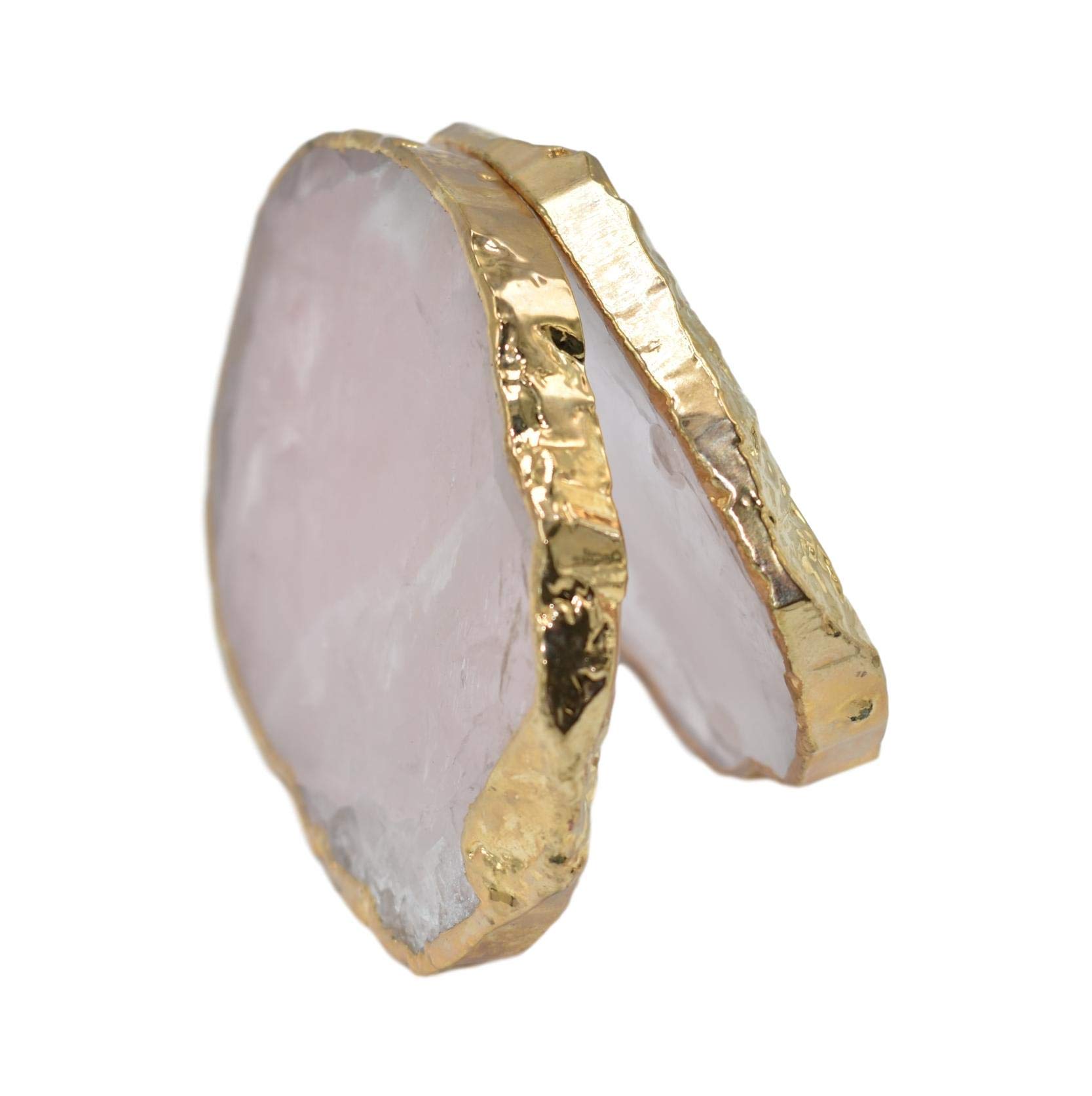 Luxury Rose Quartz Coasters with Gold Trim - Set of 2 Non-Slip Stone Coasters - Irregular Shaped Home Decor for Coffee Table, Office Desk & Gift Giving - Natural Quartz Stone Coasters for Elegant Home Decor
