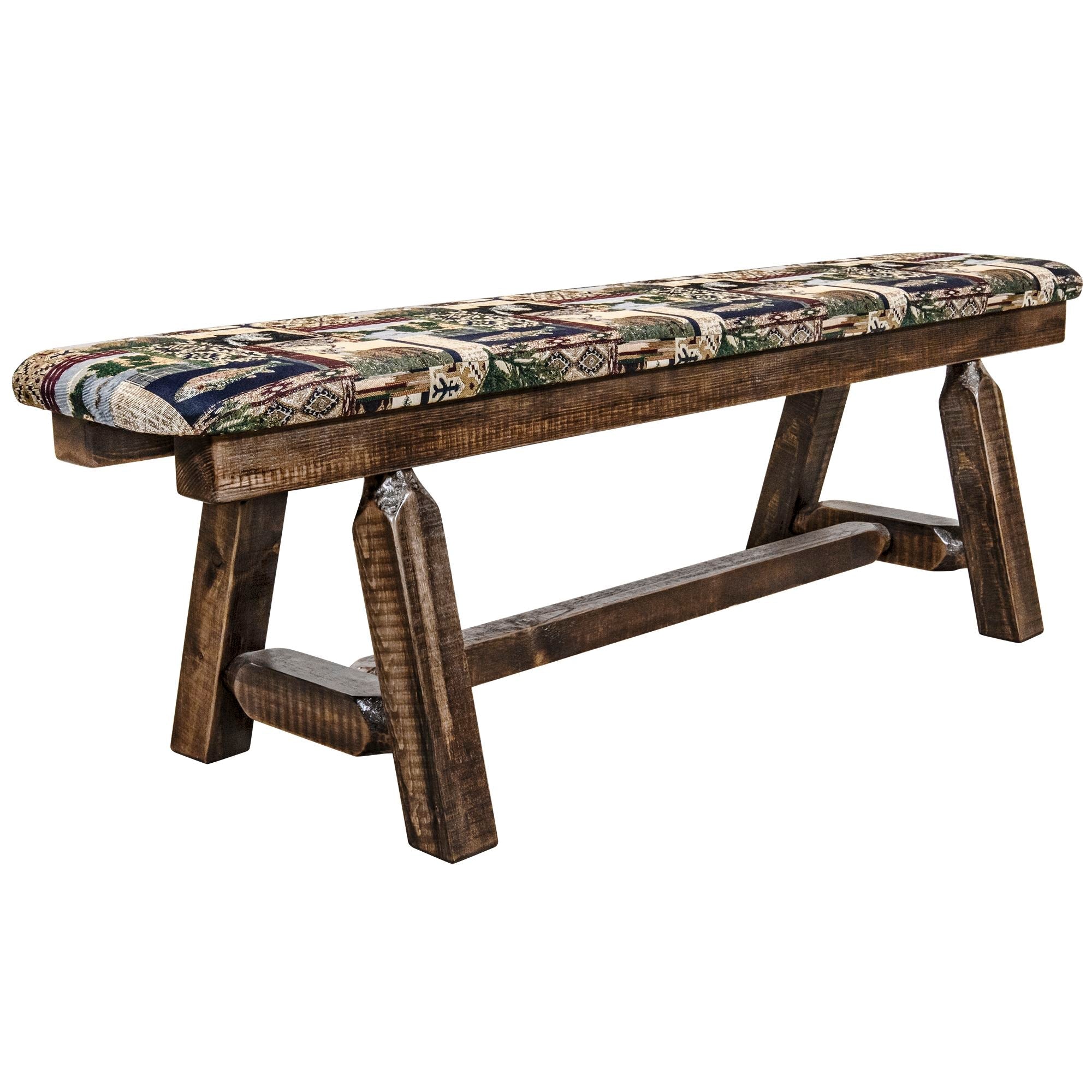 5 Foot Homestead Plank Style Bench with Woodland Upholstery - Rustic Farmhouse Seating for Entryway, Porch, or Garden Decor