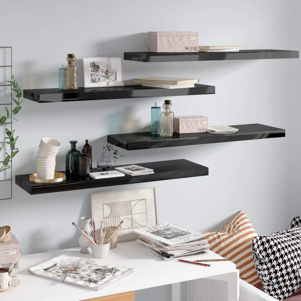 Modern Floating Shelves Set of 4 - High Gloss Black Wall Mounted Shelves 35.4