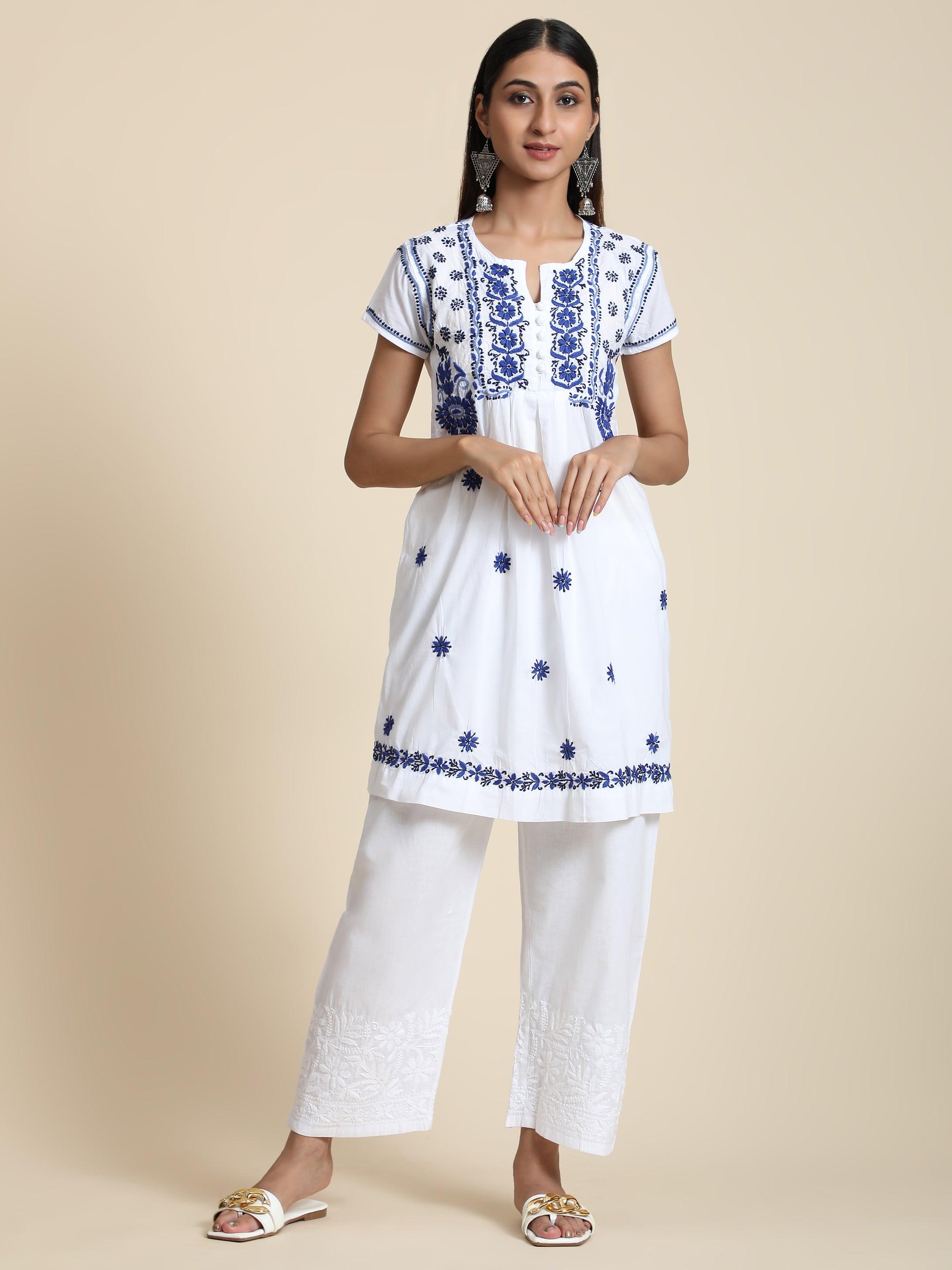 HOK Chikankari Cotton Pants for Women - Comfortable White Embroidered Trousers for Casual Wear & Summer Outfits