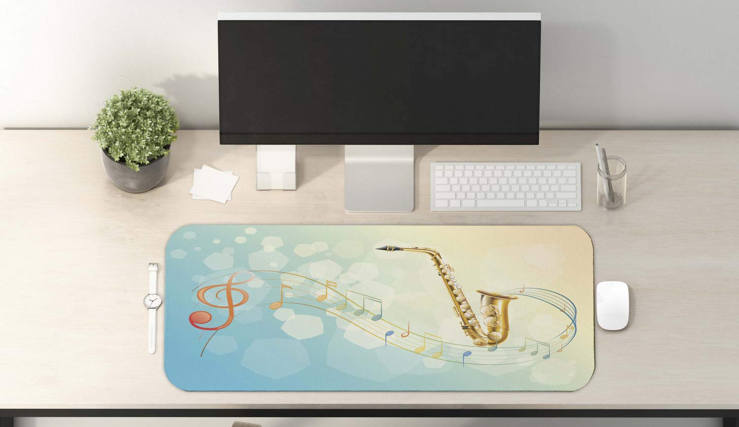 Ambesonne Music-Themed Computer Mouse Pad - Colorful Saxophone Jazz Notes Design, Non-Slip Rubber Base, Large Gaming Size 31