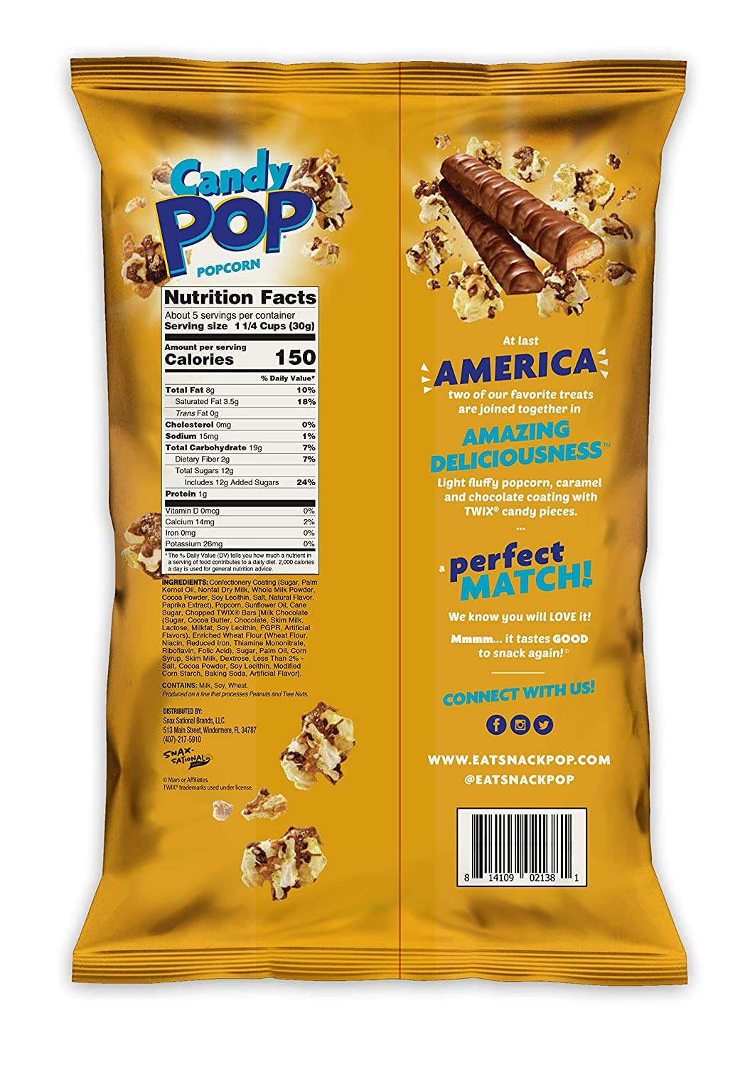 Twix Candy Coated Popcorn Snack - Real Twix Candy, Chocolate & Caramel Drizzle, Non-GMO, 5.25oz - Perfect for Movie Nights & Party Treats