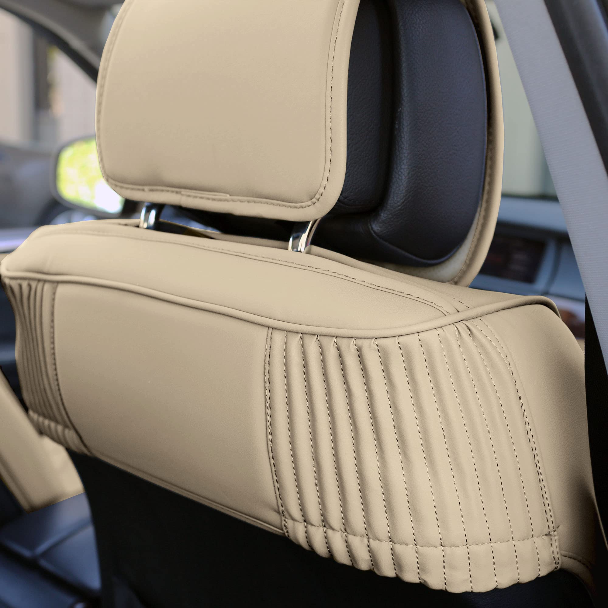 TLH Ultra Comfort Leatherette Seat Cushions - Front Only, Solid Beige Universal Fit Car Seat Covers | Waterproof Automotive Seat Protectors for Cars, Trucks & SUVs | Perfect for Commuting, Road Trips & Long Drives
