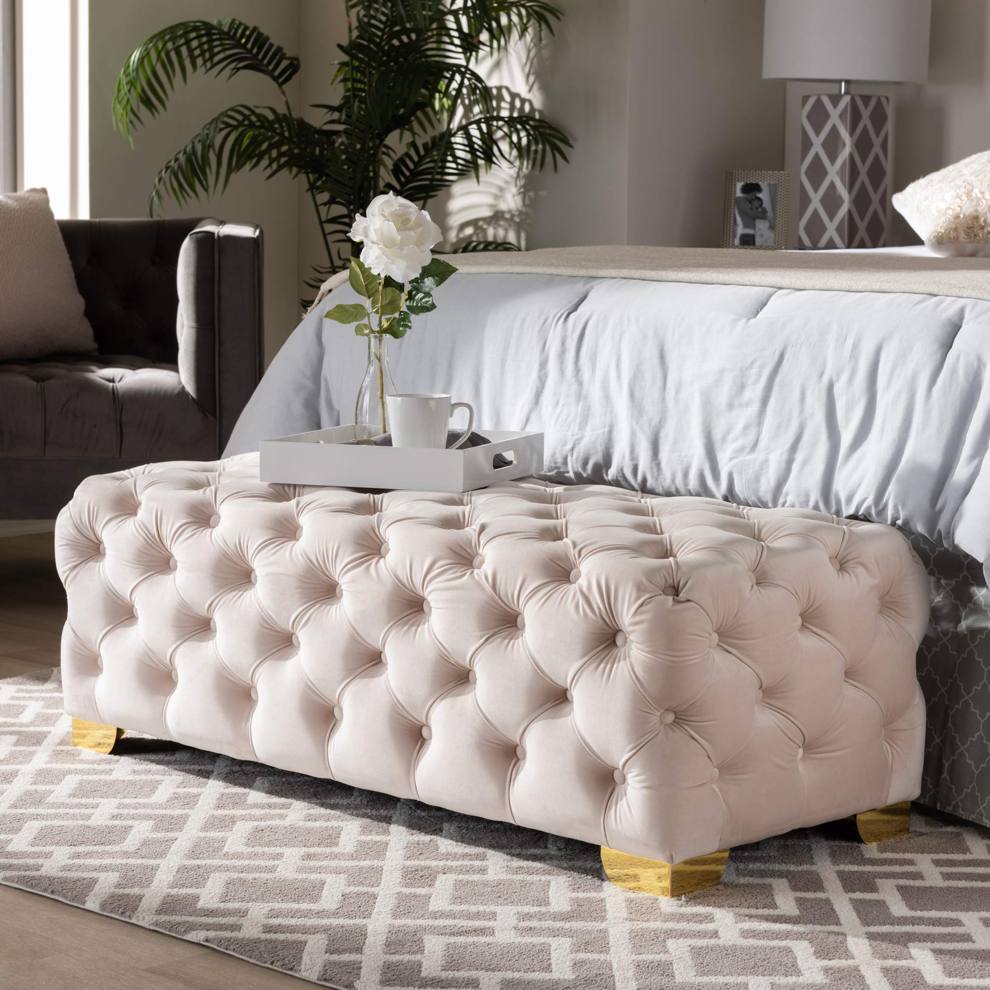 Baxton Studio Light Beige/Gold Ottoman with Storage - Modern Tufted Footrest Stool for Living Room, Bedroom & Office - Versatile Home Decor Accent Piece