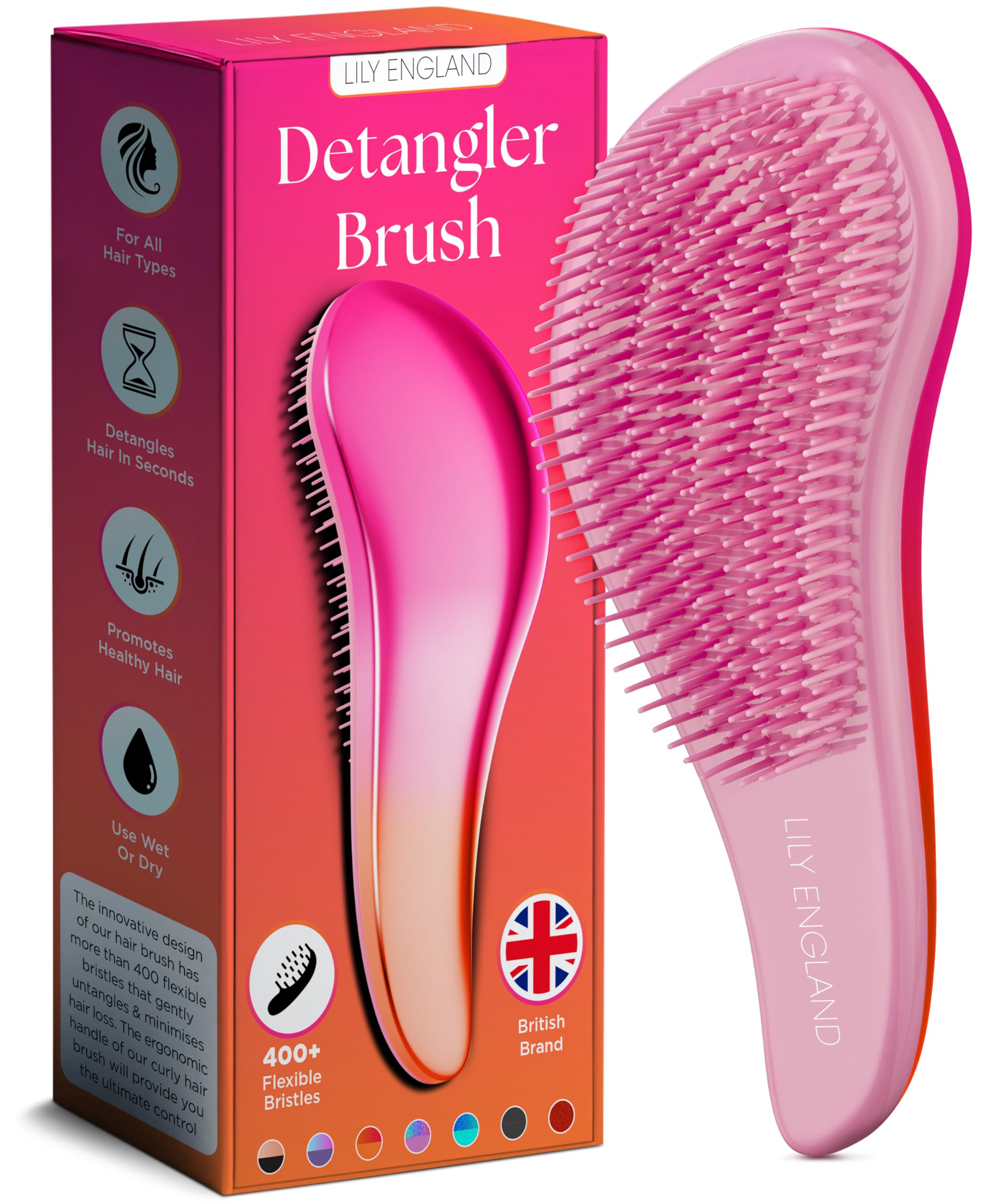 Lily England Detangling Hair Brush for Curly, Thick, Straight & Natural Hair - Gentle Hairbrush for Women, Kids & Toddlers with Flexible Bristles - Smooth Wet & Dry Hair Brush (Pink) - Perfect for Daily Hair Care, Styling & Pain-Free Detangling