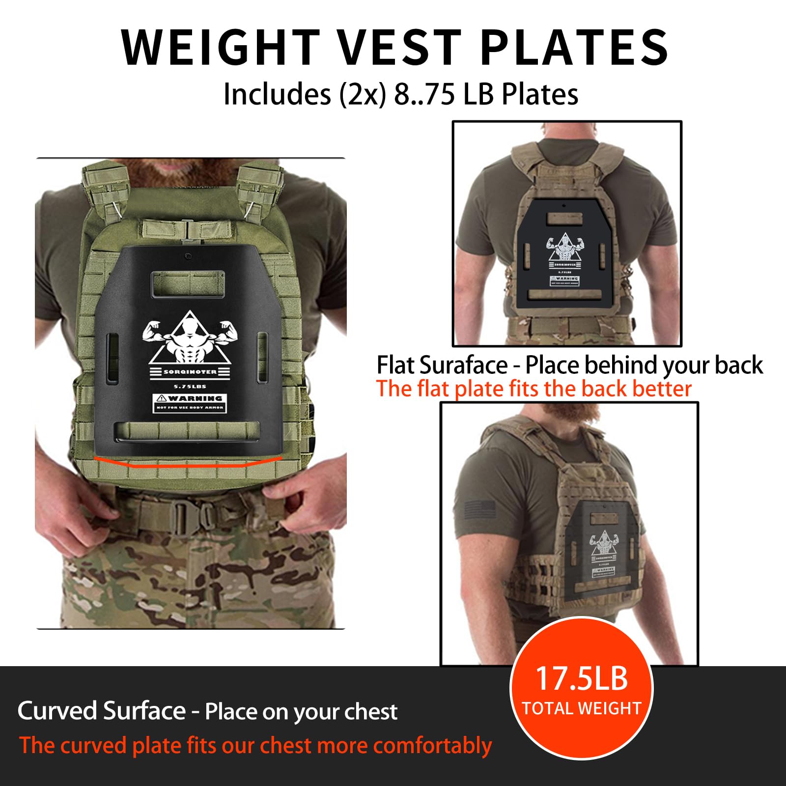 Curved & Flat Weight Vest Plates for Strength Training - 8.75lb & 5.75lb Weighted Plates for Fitness Workouts - Perfect for CrossFit, HIIT, and Home Gym Training