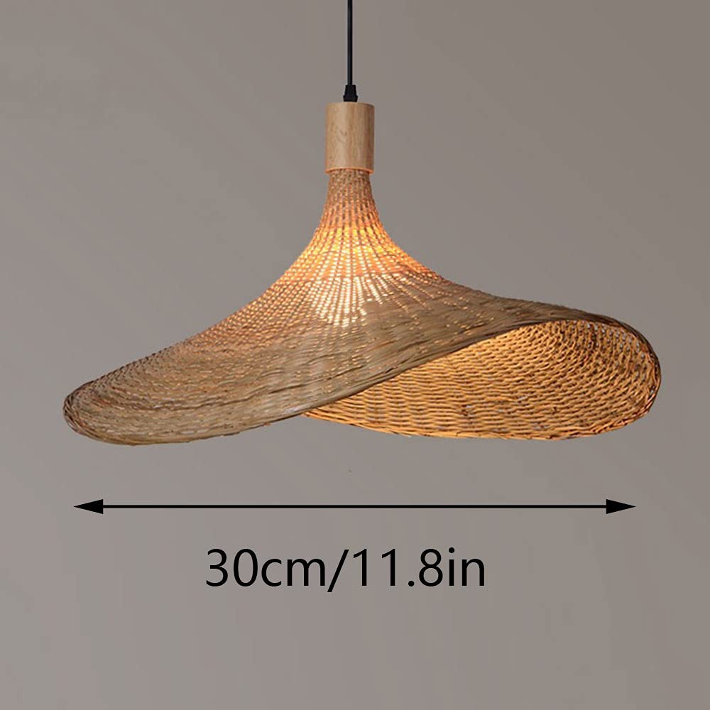 Handmade Bamboo Rattan Chandelier - Adjustable Cord Ceiling Pendant Light Fixture E26 Base | Nordic Wicker Lamp for Living Room, Bedroom, Staircase & Porch Lighting | Chinese-Style Natural Fiber Straw Hat Design