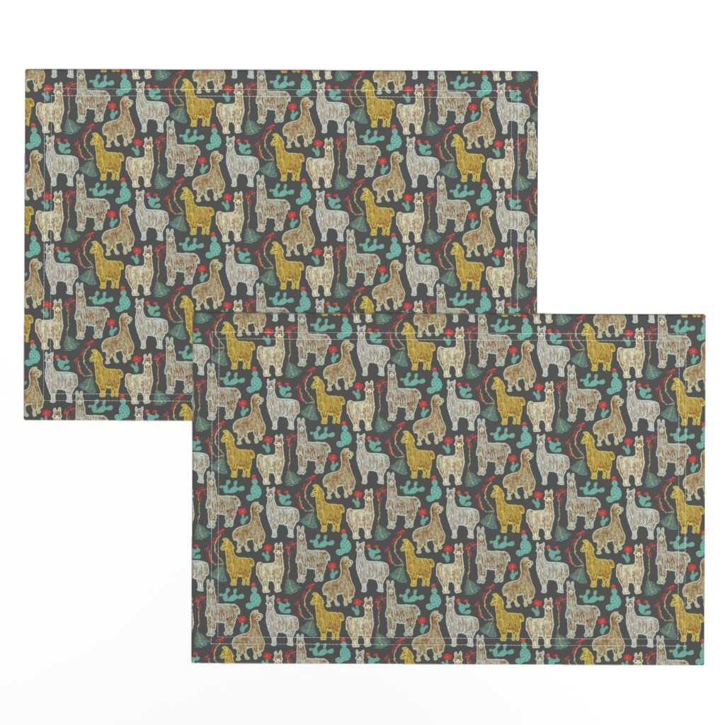 Premium Linen Cotton Canvas Placemats Set of 2 - Dark Llamas Cactus Southwestern Boho Design with Alpaca Animal Print | Washable & Durable Table Mats for Dining, Kitchen Decor, and Boho Home Accessories