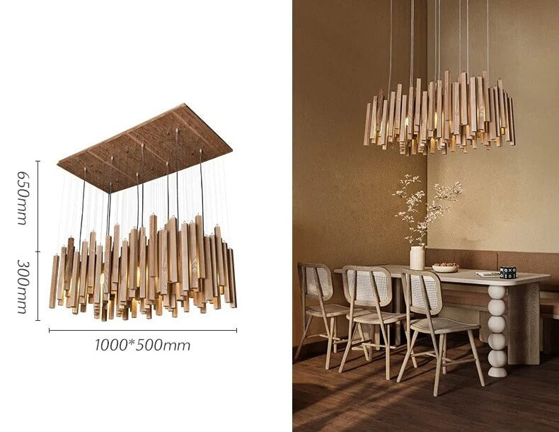 Solid Oak Wood Hanging Chandelier - Rustic Farmhouse Ceiling Light Fixture for Dining Room, Kitchen Island & Bedroom Decor