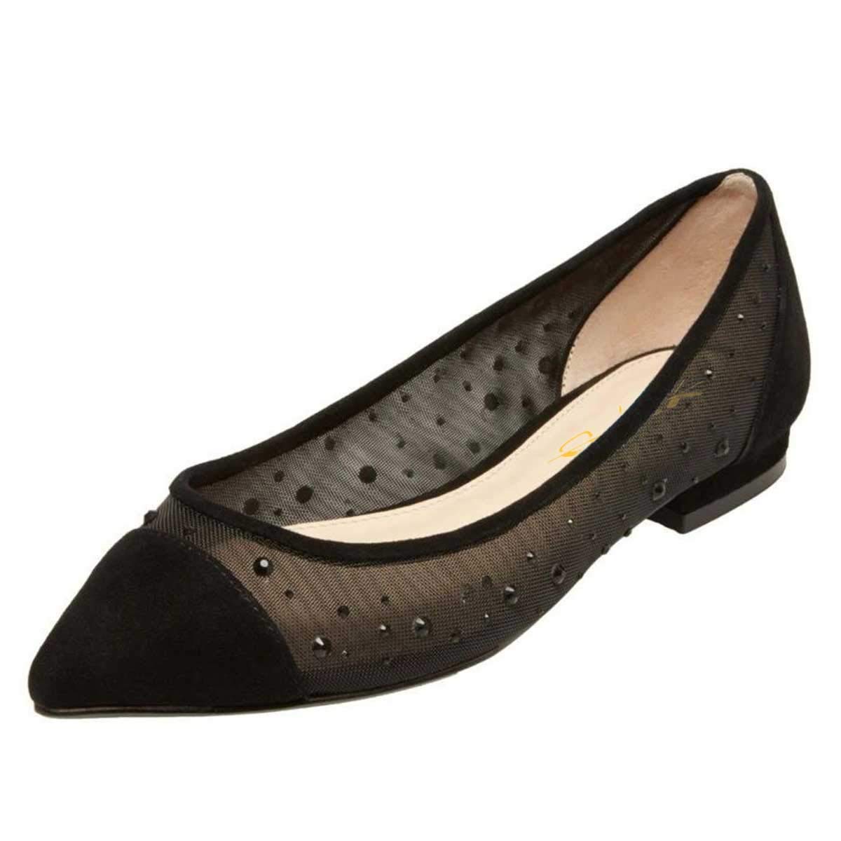 XYD Women's Crystal Embellished Pointed Toe Mesh Ballet Flats - Comfortable Low Heel Slip-On Shoes for Bridesmaids, Wedding Guests & Dancing - Perfect for Weddings, Parties & Formal Occasions