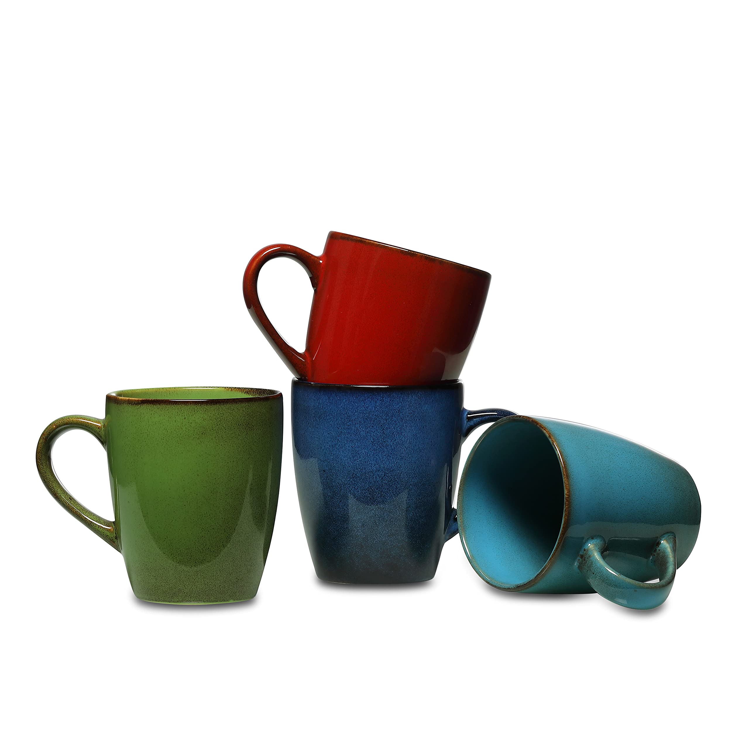 15 oz Glazed Porcelain Coffee Mugs Set of 4 - Durable Ceramic Cups for Hot & Cold Drinks (Tea, Coffee, Cocoa, Milk) - Multi-Color Set (Red, Blue, Olive Green, Turquoise) - Perfect for Home, Office, Restaurant & Gifts