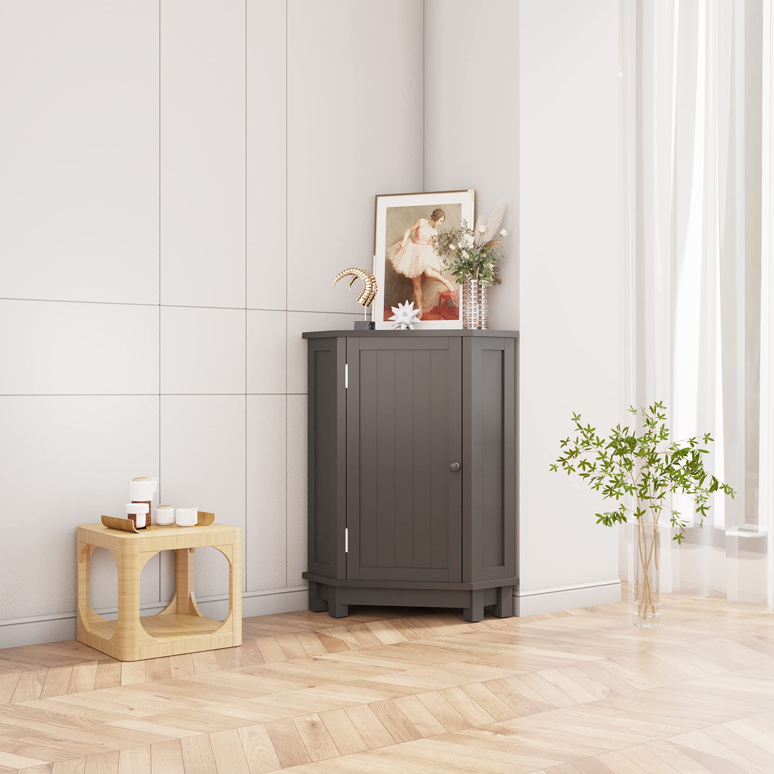 White Freestanding Corner Cabinet for Home Office & Bathroom - Single Door Storage with Shelf - Perfect for Small Spaces & Clutter Organization