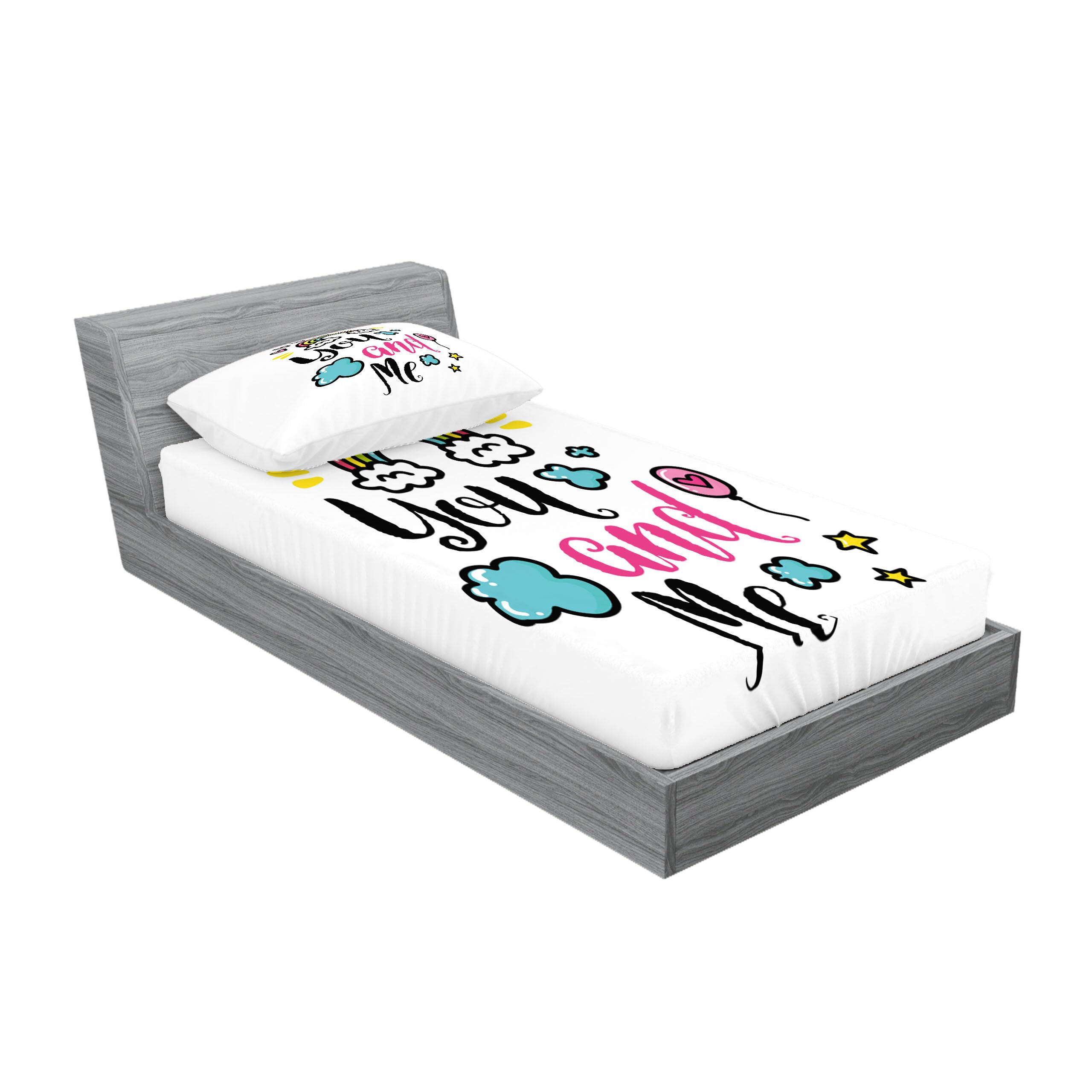 Ambesonne Inspirational Fitted Sheet & Pillow Sham Set - Romantic You and Me Words with Rainbow Clouds Hearts Doodle Print - 2 Piece Twin Size Bedding Set for Couples - Perfect for Valentine's Day Gifts & Anniversary Presents