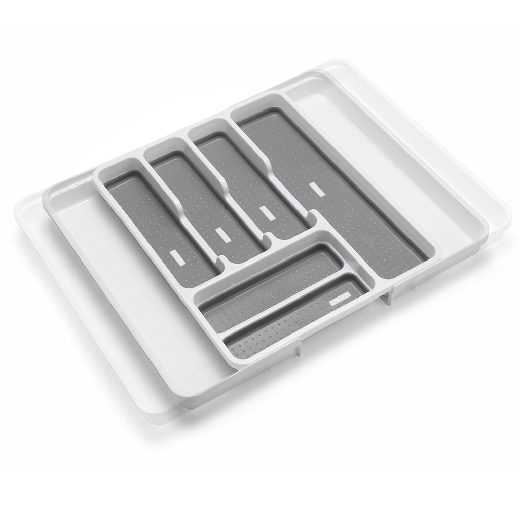 Addis Expandable Drawer Organizer for Kitchen Utensils - 6 to 8 Adjustable Compartments - White/Grey (34-58.5 x 41.5 x 5 cm) - Perfect for Cutlery, Spoons, Knives & Cooking Tools Storage