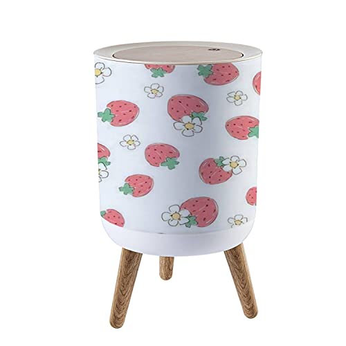 Strawberry Print Small Trash Can with Lid - 7L/1.8 Gallon Seamless Fruit Design Waste Bin with Wooden Legs for Kitchen, Bathroom, Office | Perfect for Home Decor & Waste Disposal
