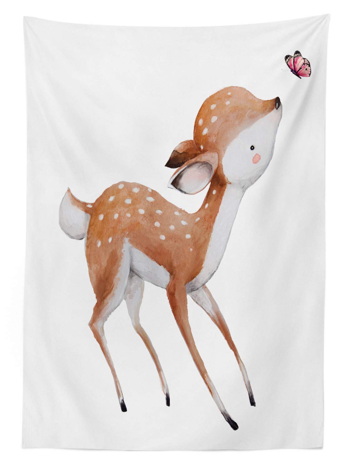 Ambesonne Watercolor Deer Tablecloth - Pink Butterfly Forest Design, Washable Outdoor Picnic Table Cover 58