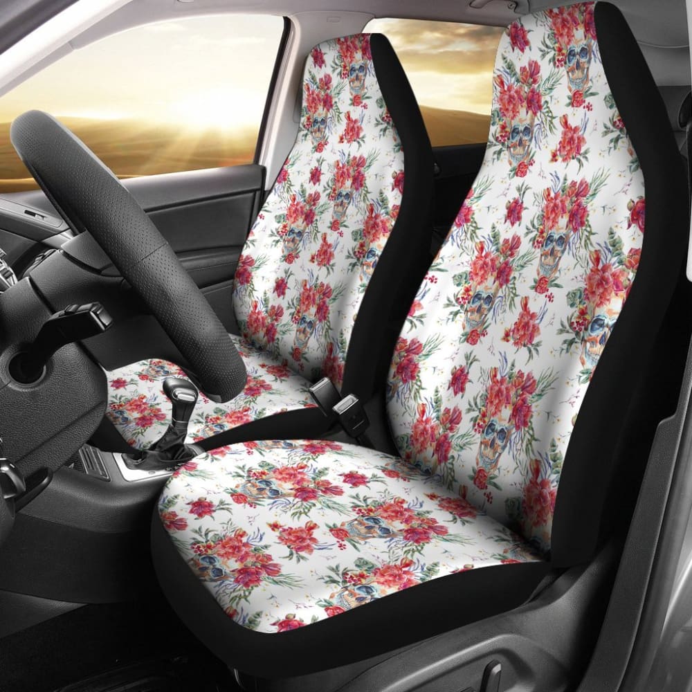 2 Pcs Sugar Skull Car Seat Covers - Universal Fit for Most Vehicles, Durable & Stylish Seat Protectors - Perfect for Day of the Dead Decor, Halloween, and Mexican Theme Car Accessories