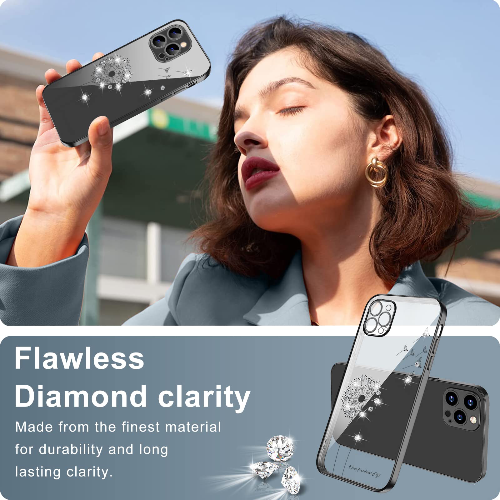 Crystal Clear Shockproof iPhone 14 Pro Max Case - Slim Silicone Bumper Cover with Diamond Flowers Design | Protective Transparent Phone Case for Women | Perfect for Everyday Use, Work & Travel