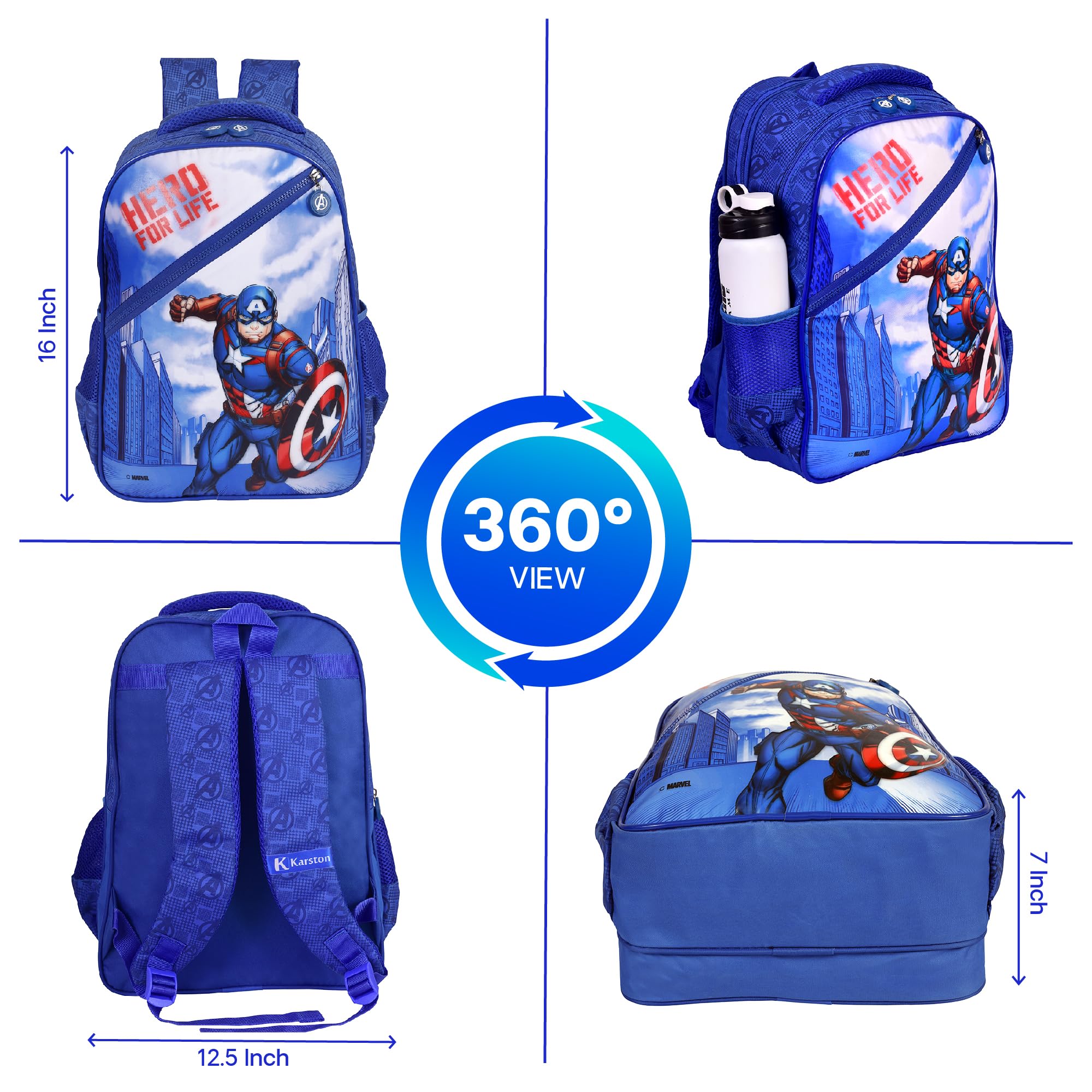 **Karston Marvel Avengers School Backpack for Boys - 16 Inch Water Resistant Kids Backpack (30L) - Spiderman Hulk Ironman Design - Perfect for School, Travel, Picnic & Gifts**