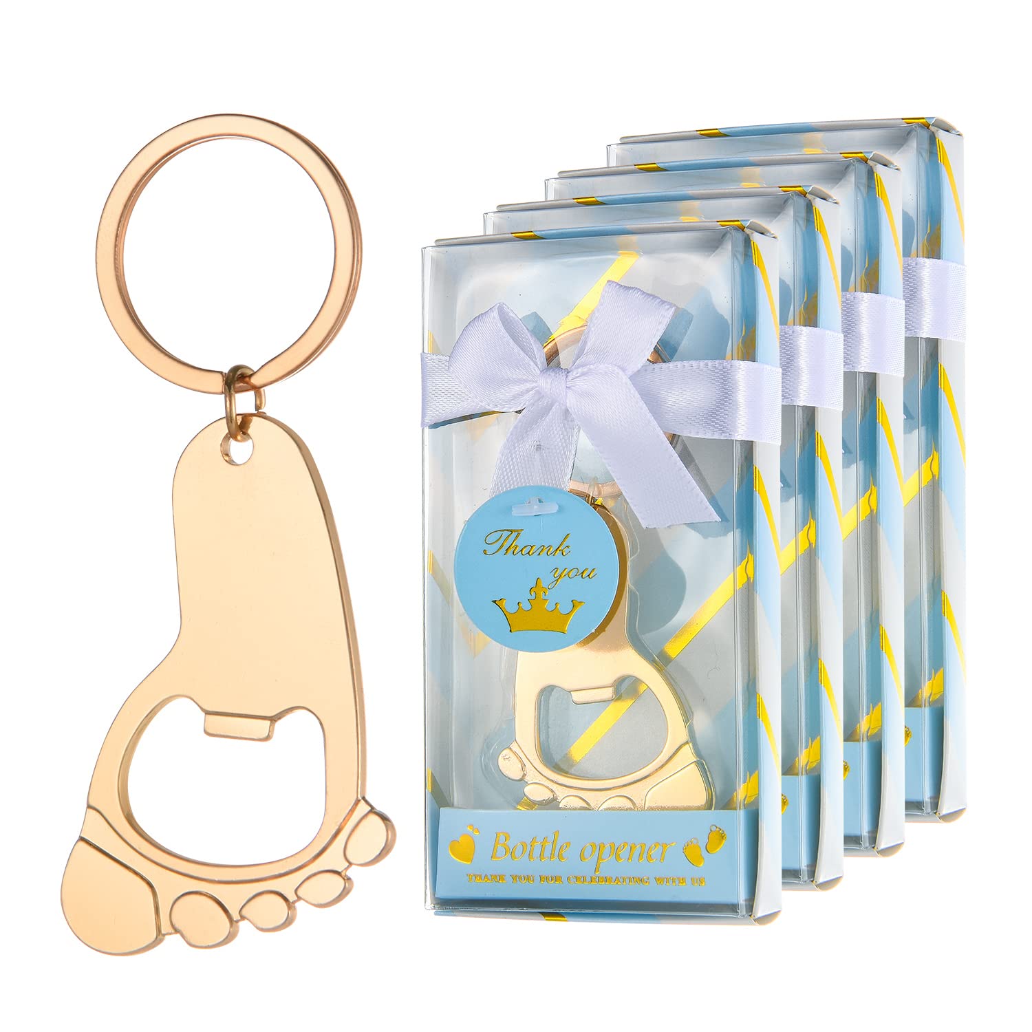 24Pcs Baby Boy Footprint Keychain Bottle Openers - Cute Baby Feet Shaped Keyrings with Bottle Opener Function - Perfect Baby Shower Favors, Birthday Party Gifts & Return Gifts (Comes in Blue Gift Boxes) - Great for Newborn Celebrations, Christening Parties & Gender Reveal Events